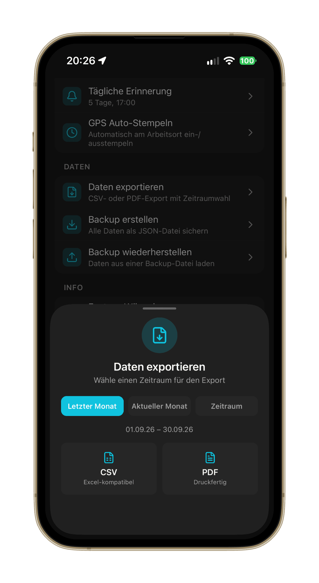 Chrono-Dialog Daten exportieren: Zeitraum wählen, zum Beispiel letzter Monat, und als CSV oder PDF exportieren.